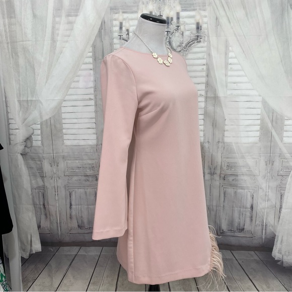 Laundry by Shelli Segal Size 6 Crepe Shift Feather Detail Solid Pink Long Sleeve - Picture 9 of 14